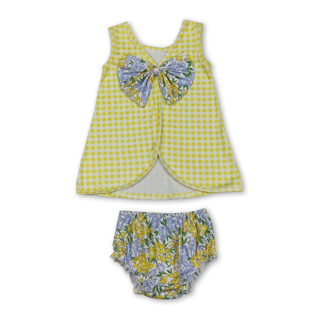 Baby girls sleeveless yellow plaid top and floral bummies set by Mini Rodeo, featuring a cute, coordinated summer outfit.
