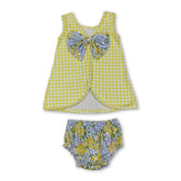 Baby girls sleeveless yellow plaid top and floral bummies set by Mini Rodeo, featuring a cute, coordinated summer outfit.