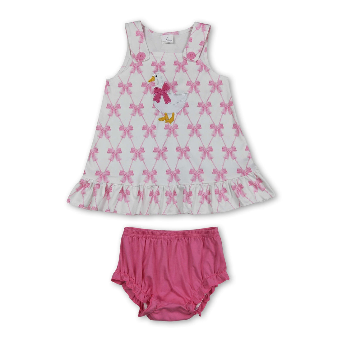 Pink sleeveless baby girls bummies set with bow and goose embroidery by Mini Rodeo, perfect for warm weather and cute casual wear.
