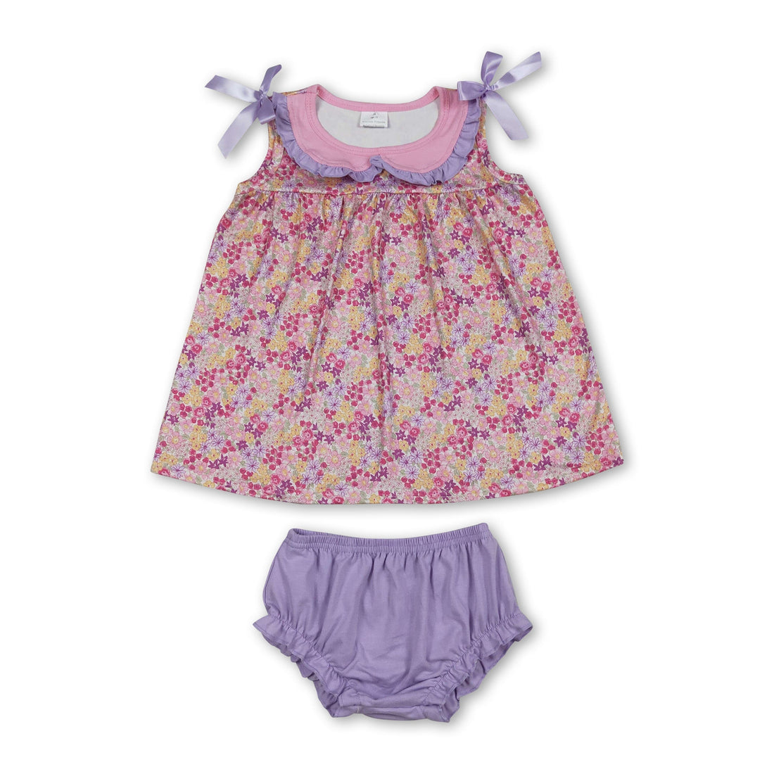 Baby girl sleeveless floral tunic and bummies set by Mini Rodeo, perfect for summer, featuring colorful floral patterns.
