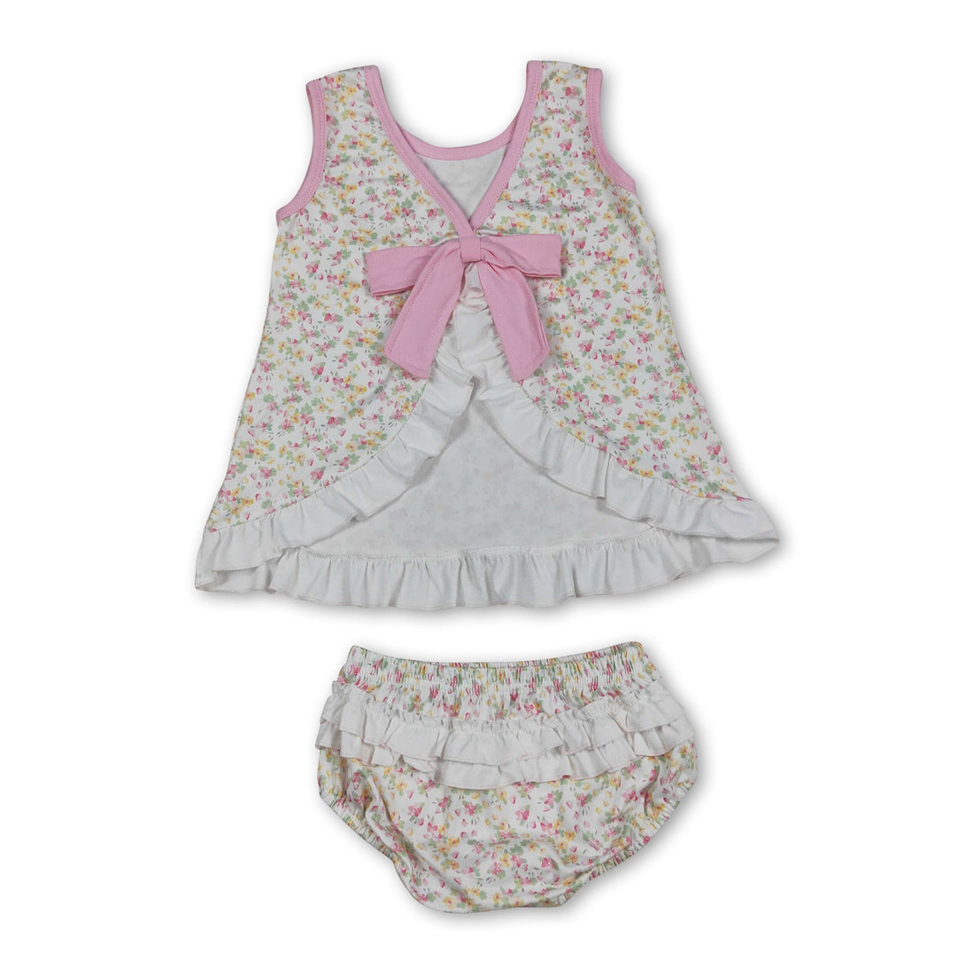 Baby girls sleeveless floral ruffle top and bummies summer set by Mini Rodeo, featuring a cute floral pattern and ruffle details.