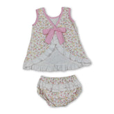 Baby girls sleeveless floral ruffle top and bummies summer set by Mini Rodeo, featuring a cute floral pattern and ruffle details.