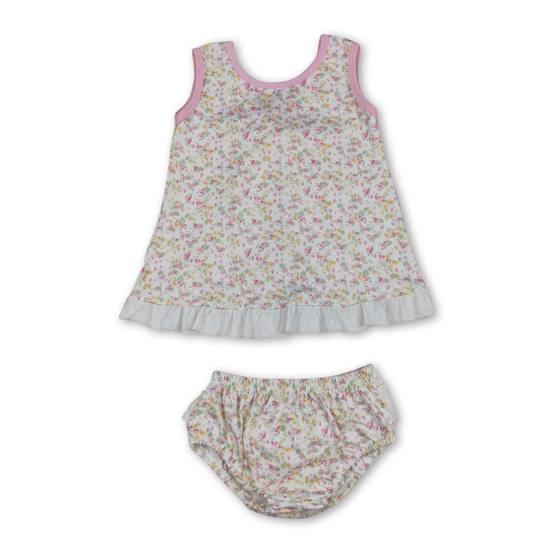 Baby girl sleeveless floral ruffle top and bummies summer set by Mini Rodeo, featuring a colorful floral pattern and comfortable fit.