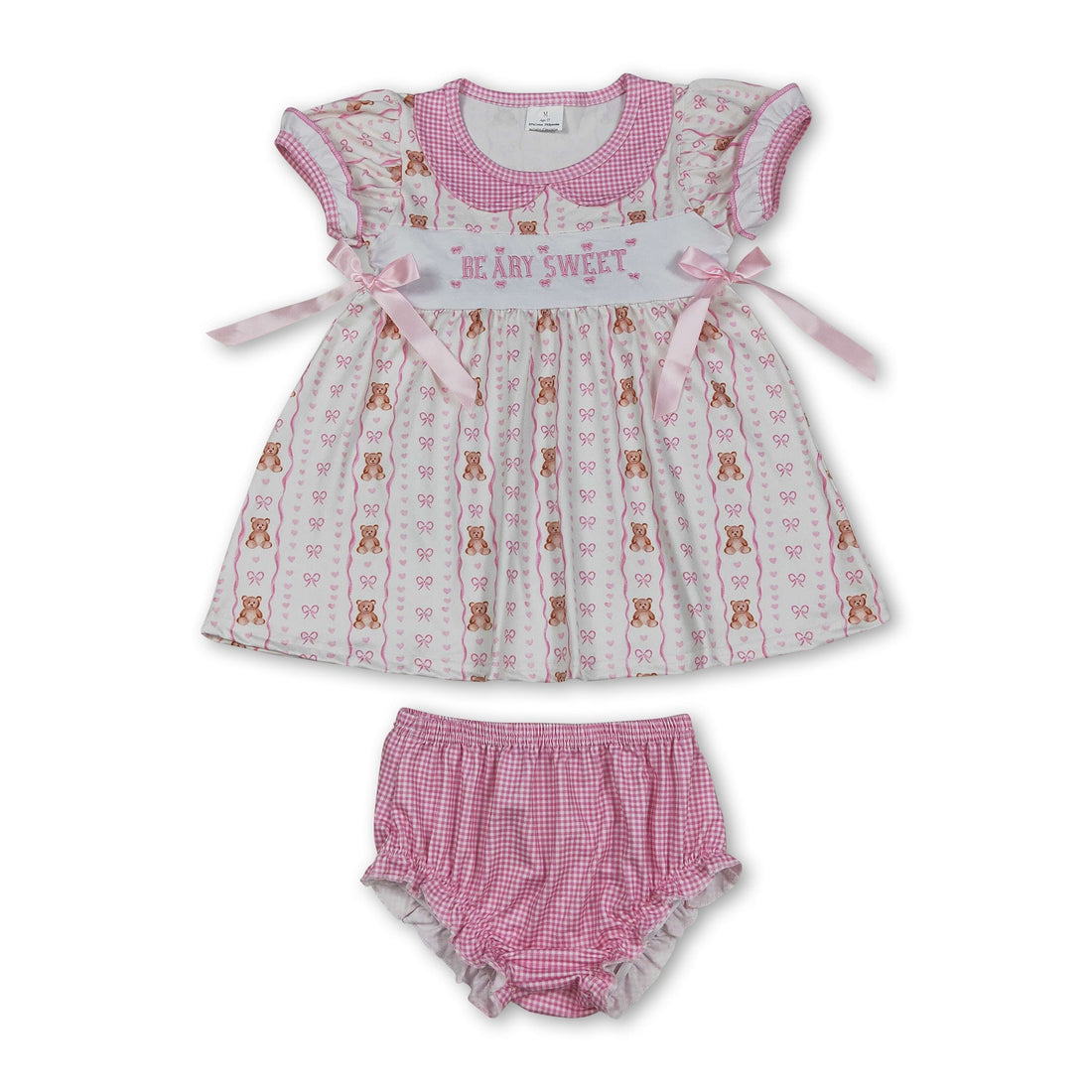 Mini Rodeo sleeveless bear bow bummies set for baby girls, featuring adorable bear print and bow details on soft fabric.