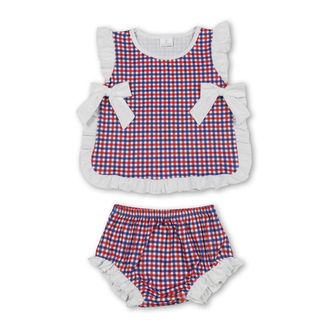 Red and blue plaid baby girls bummies set with ruffles by Mini Rodeo, perfect for celebrating the 4th of July.