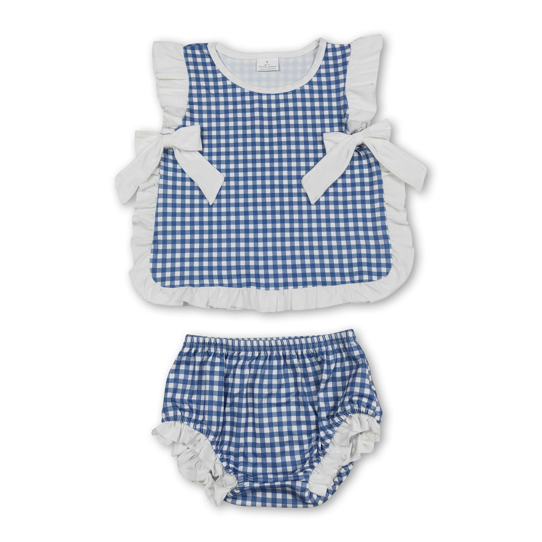 Blue plaid ruffle bow baby girls summer bummies set by Mini Rodeo, featuring cute ruffle details and comfortable fabric.