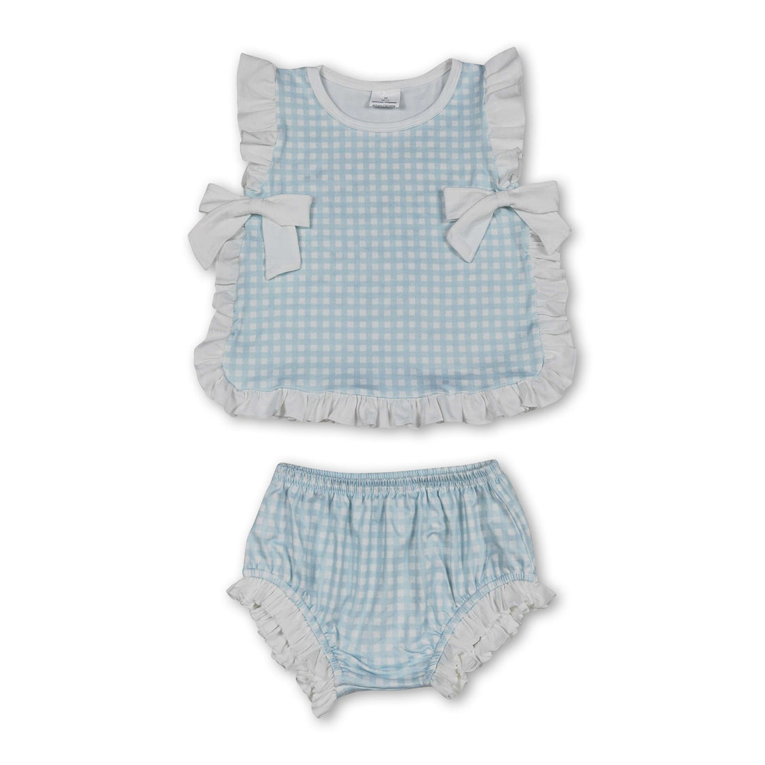 Light blue plaid baby girls summer bummies set with ruffle bow, from Mini Rodeo, featuring comfortable, stylish baby clothing.