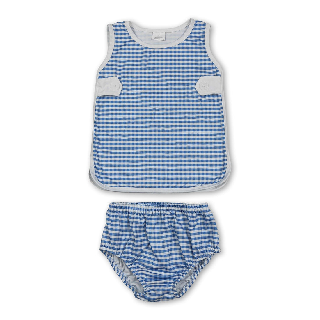 Light blue plaid baby girls bummies set by Mini Rodeo featuring a sleeveless top, perfect for warm weather and playful outfits.