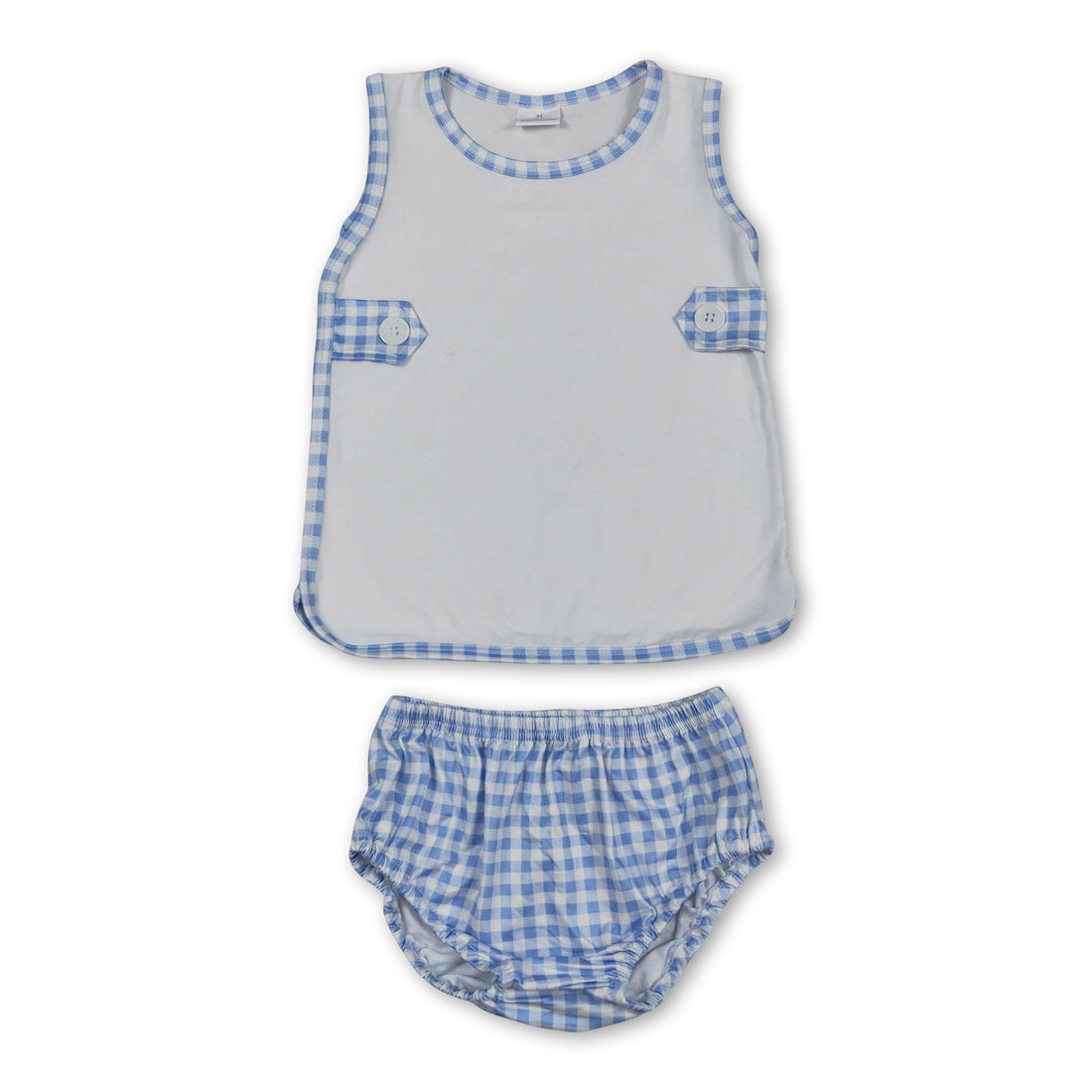 Mini Rodeo sleeveless blue plaid bummies set for baby girls, summer top and matching bottoms, lightweight and comfortable for warm weather.