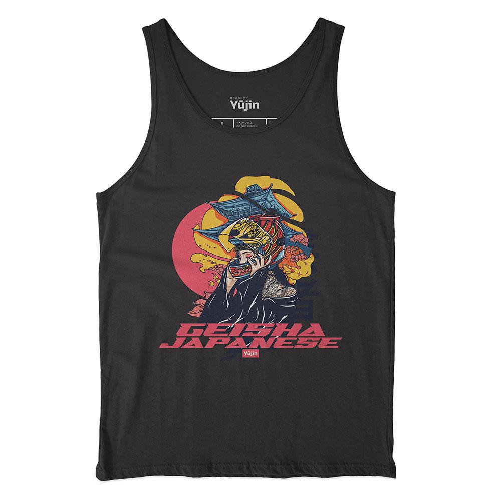 Yūjin Clothing Geisha tank top featuring a traditional-inspired design and comfortable fit, displayed on a model.