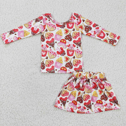 Cupcake heart snacks skirt set girls Valentine&