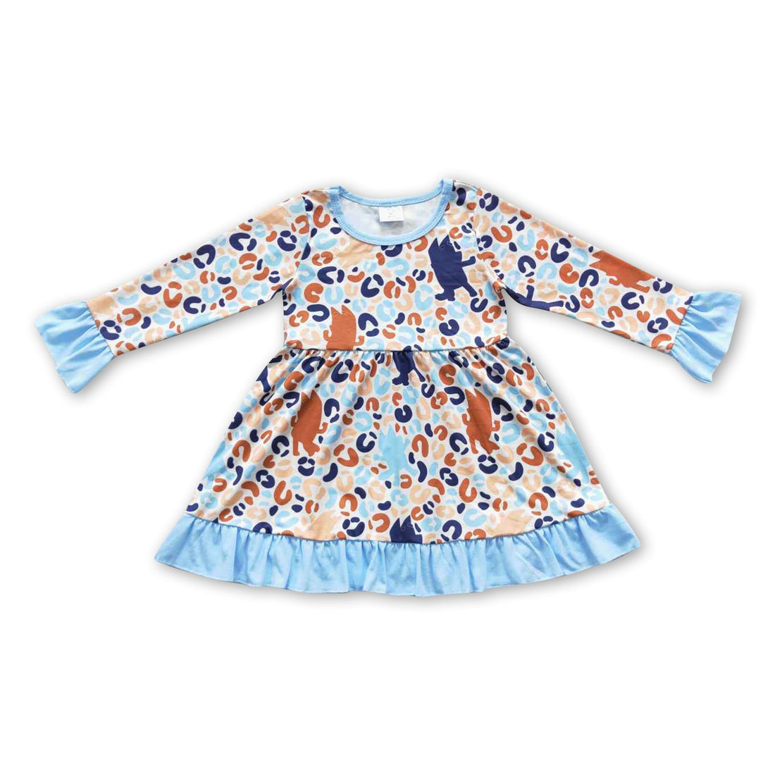 Blue dog leopard kids girls long sleeves dresses