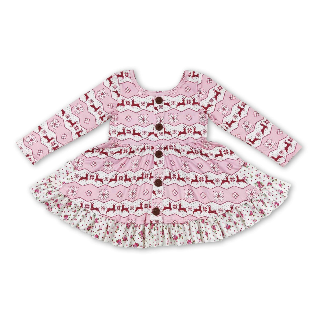 Pink deer ruffle long sleeves girls Christmas dress
