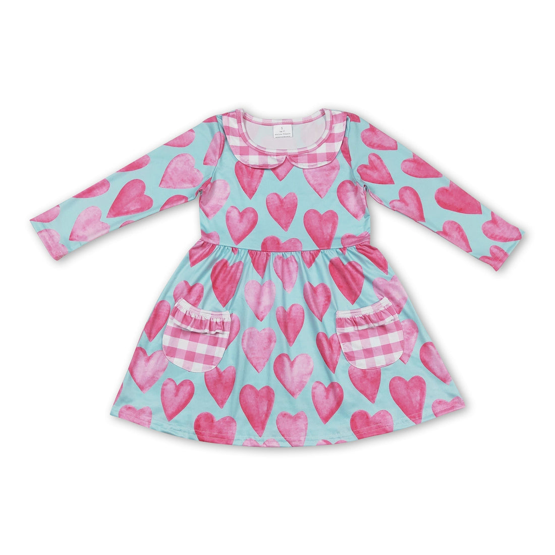 Pink plaid pocket heart long sleeves girls Valenitne&