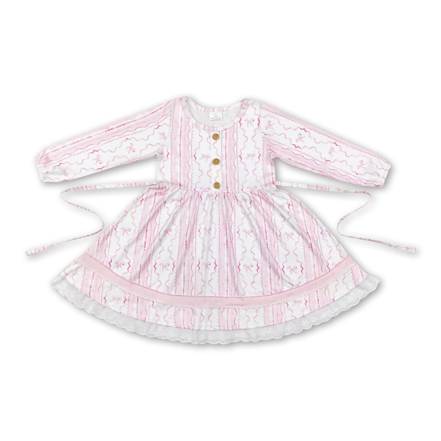 Long sleeves pink bow ruffle kids girls dresses