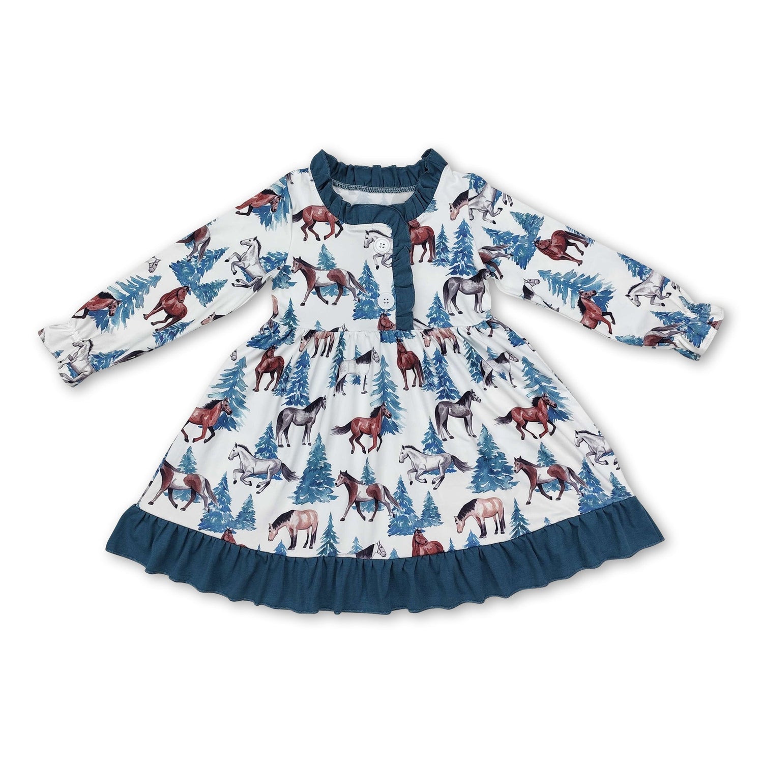 Long sleeves horse tree print kids girls nightgown
