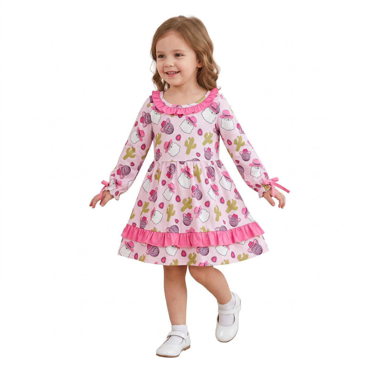 Pink santa cactus hat santa girls western Christmas dresses