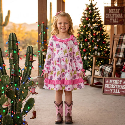Pink santa cactus hat santa girls western Christmas dresses