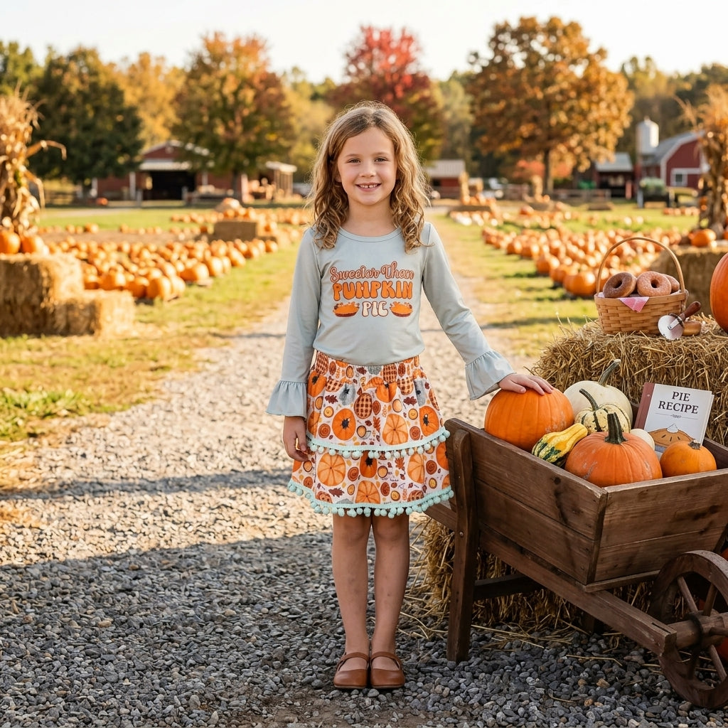 Sweeter than pumpkin pie top skirt girls Thanksgiving set