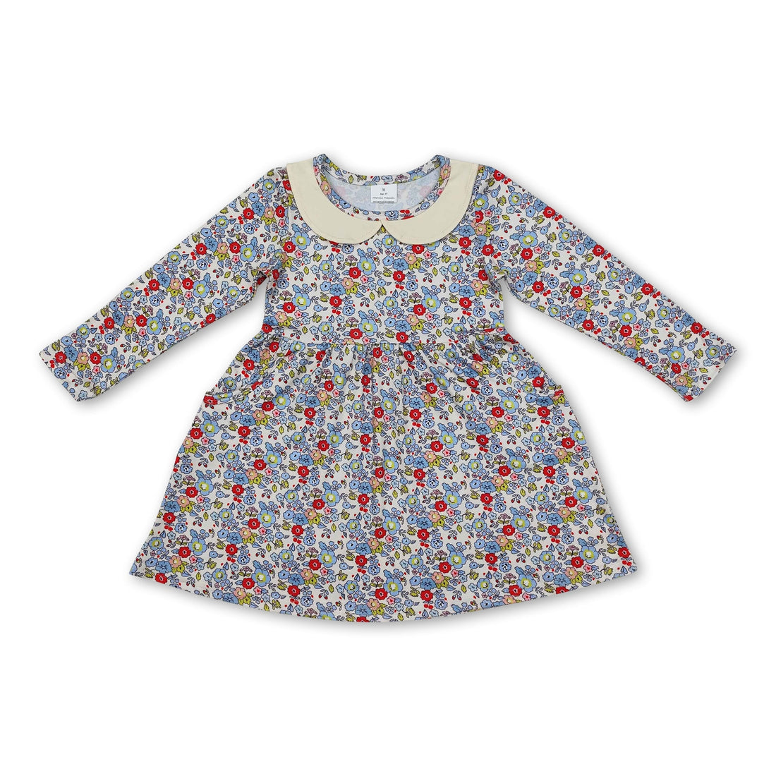 Long sleeves blue floral baby girls dresses