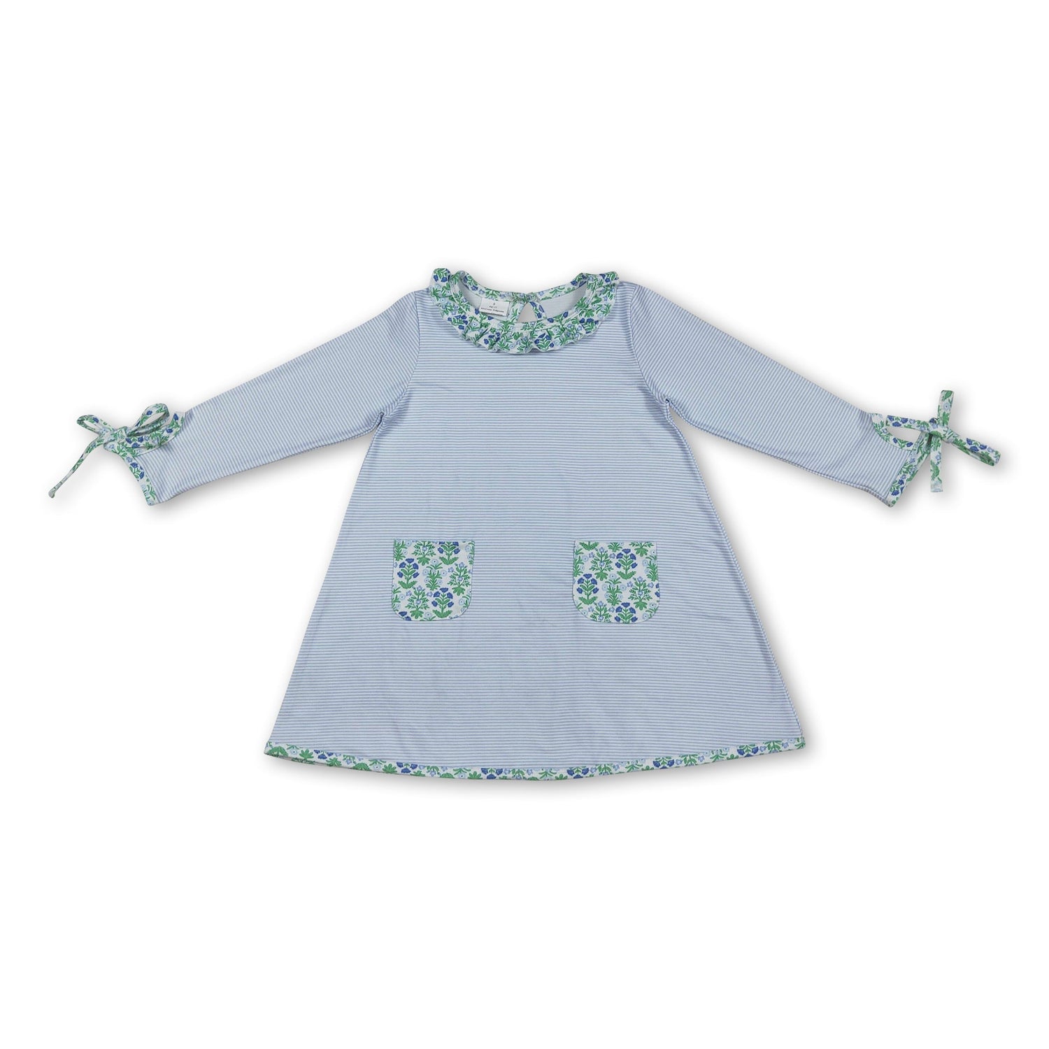 Light blue stripe floral pockets baby girls dresses