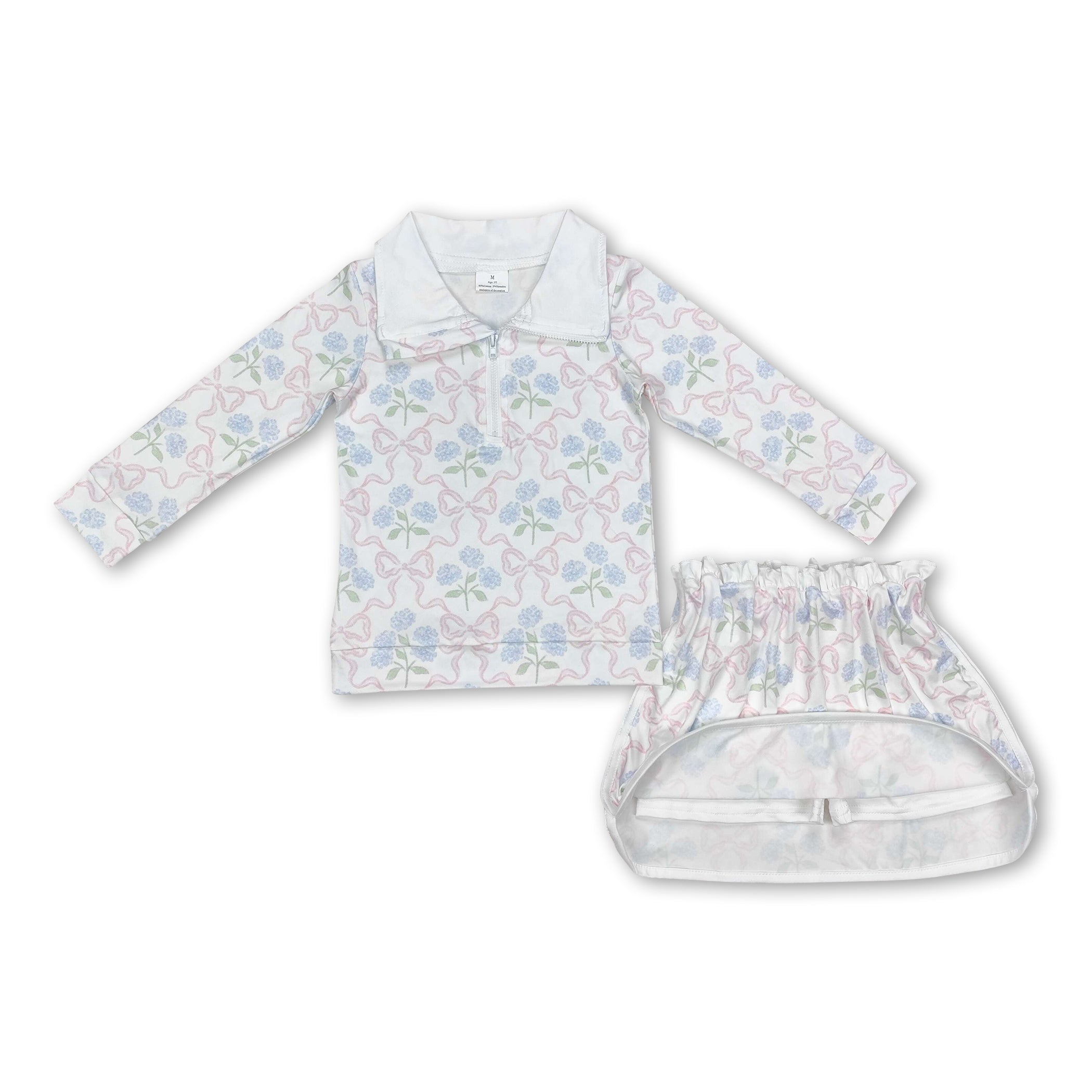 Pink bow floral pullover skirt kids girls clothing set