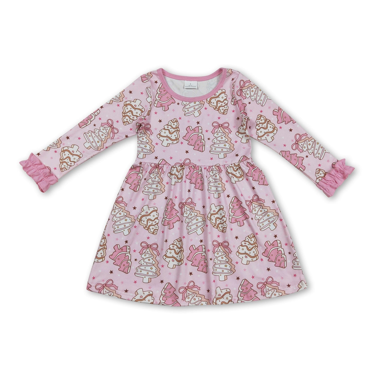 Pink bow long sleeves Christmas tree cake girls dresses