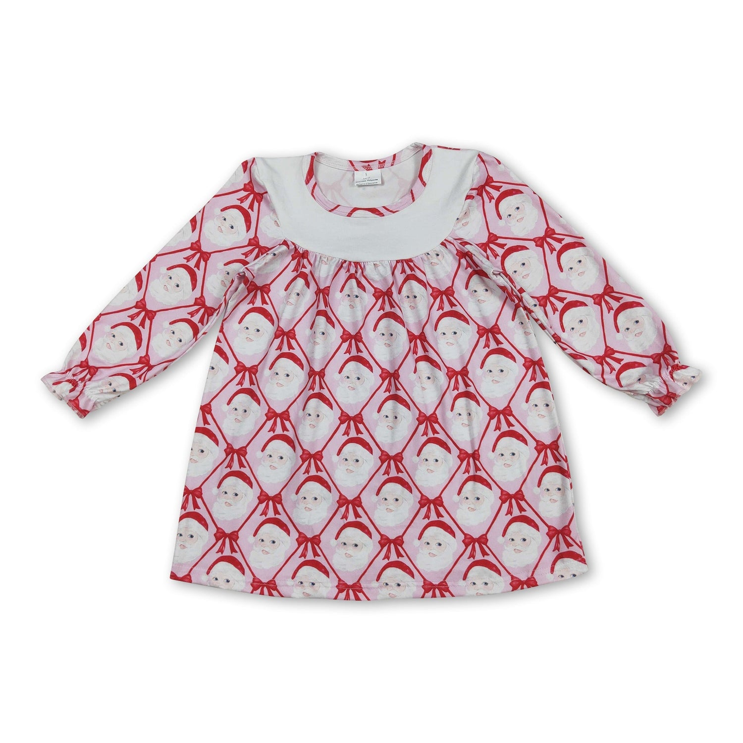 Pink long sleeves santa bow kids girls Christmas dresses