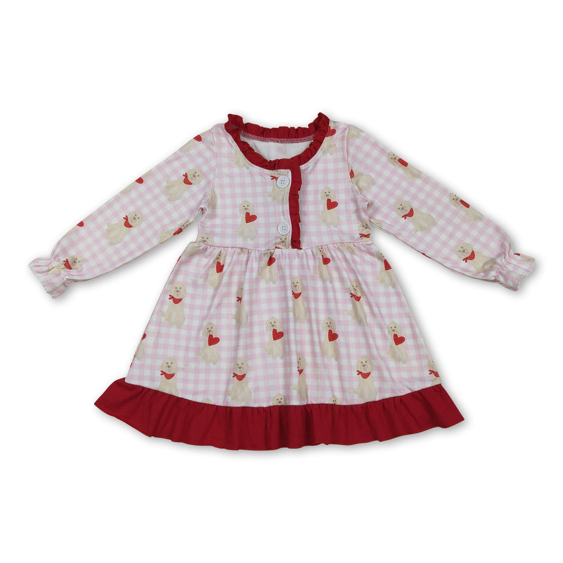 Pink plaid long sleeves heart dog girls valentine&