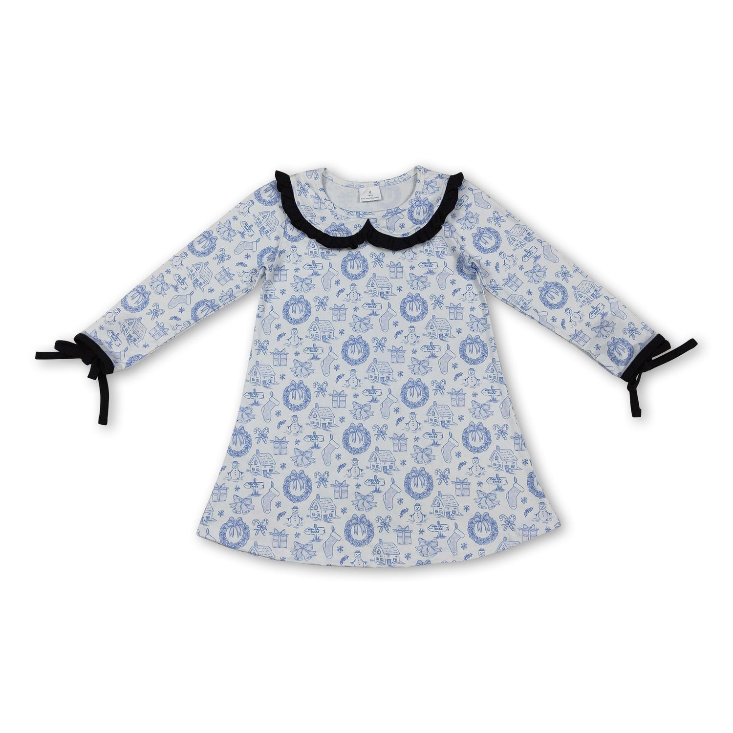 blue Christmas house kids girls long sleeve dresses