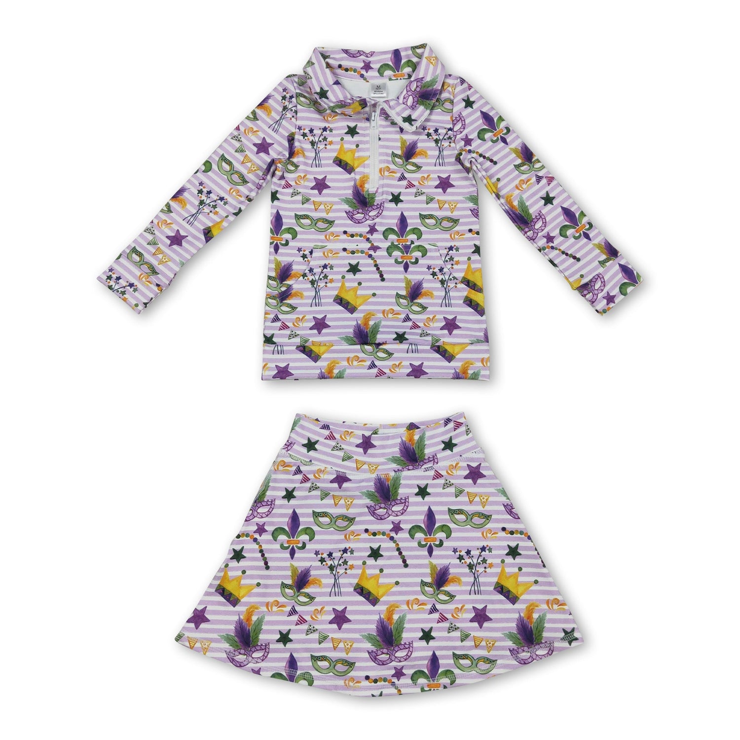 Purple stripe crown pullover skirt girls Mardi Gras active set