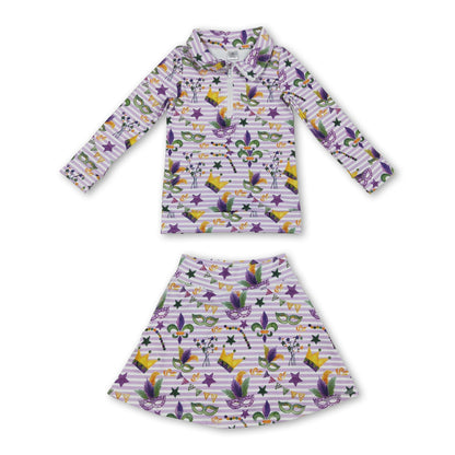 Purple stripe crown pullover skirt girls Mardi Gras active set