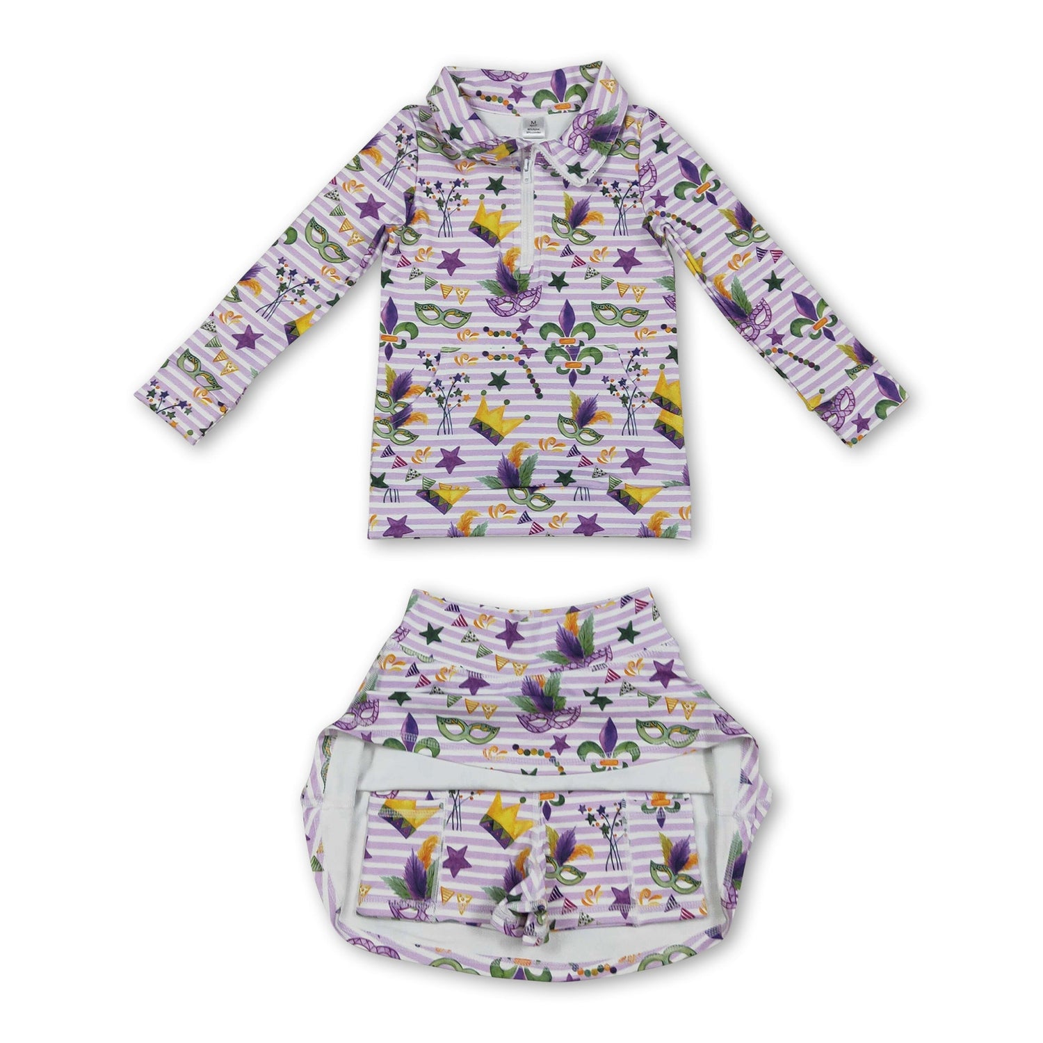 Purple stripe crown pullover skirt girls Mardi Gras active set