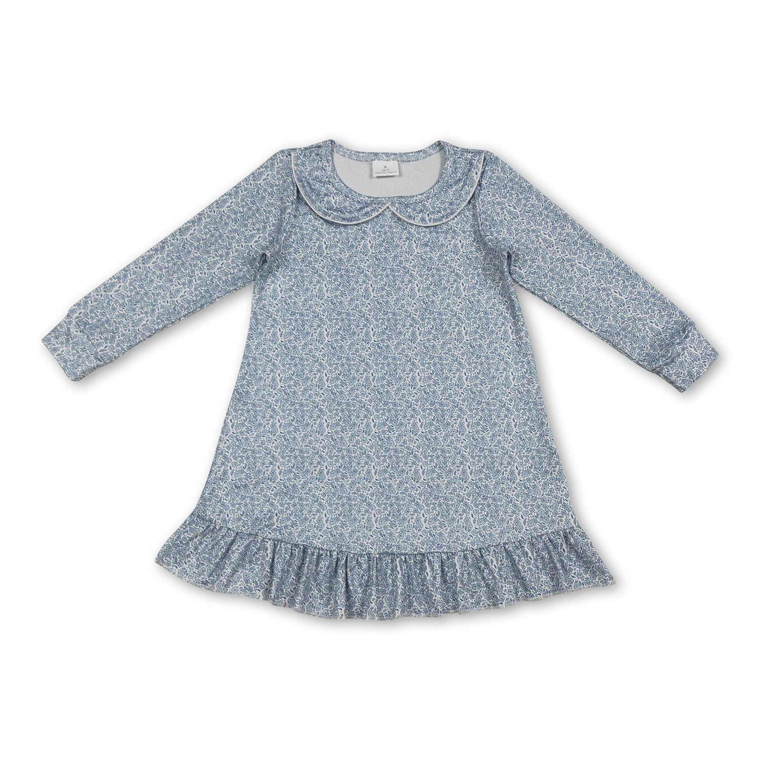 Long sleeves light blue floral ruffle baby girls dresses