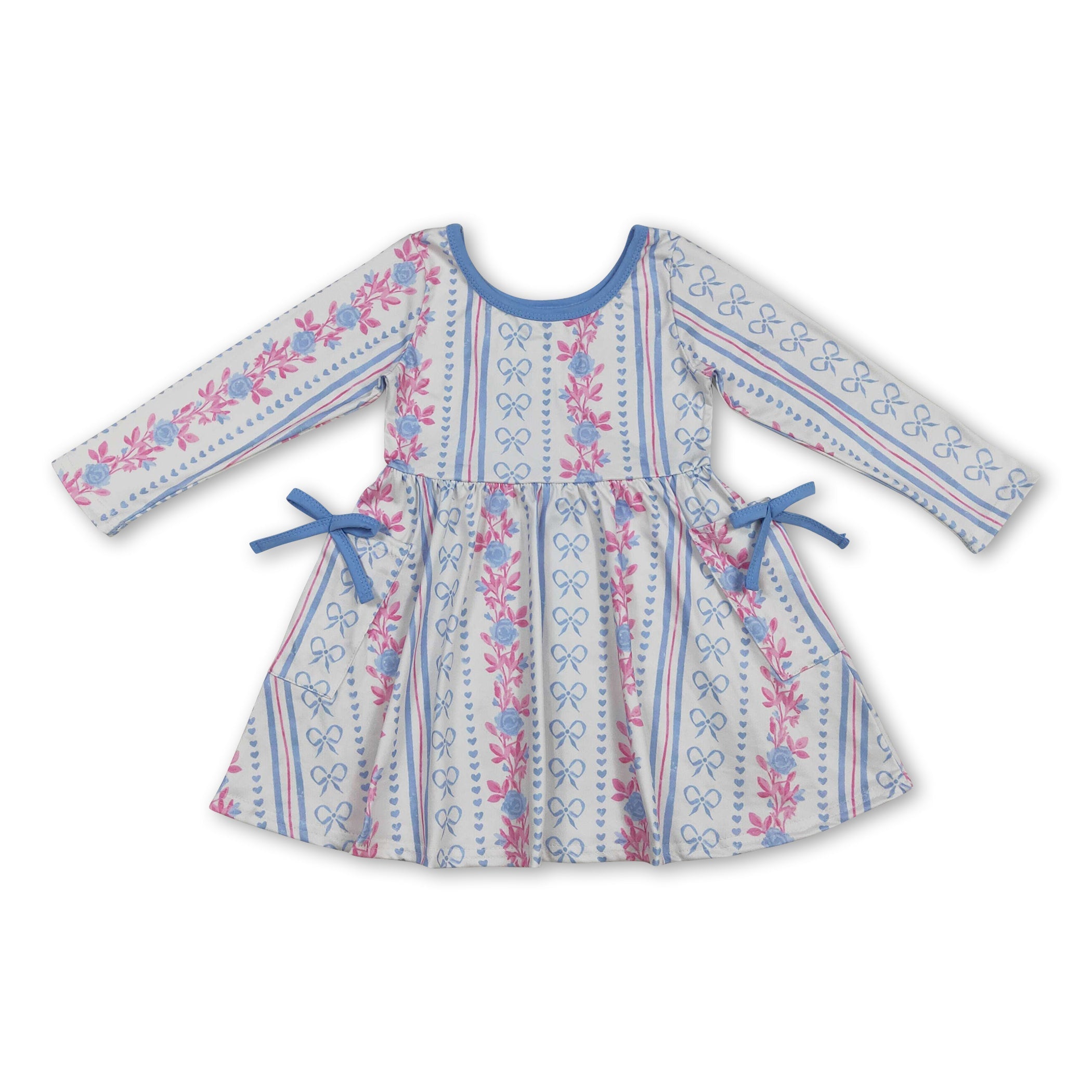 Long sleeves blue bow floral pockets kids girls dresses