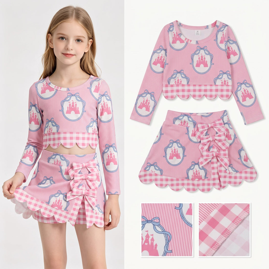 Pink long-sleeve bow castle scallop girls&