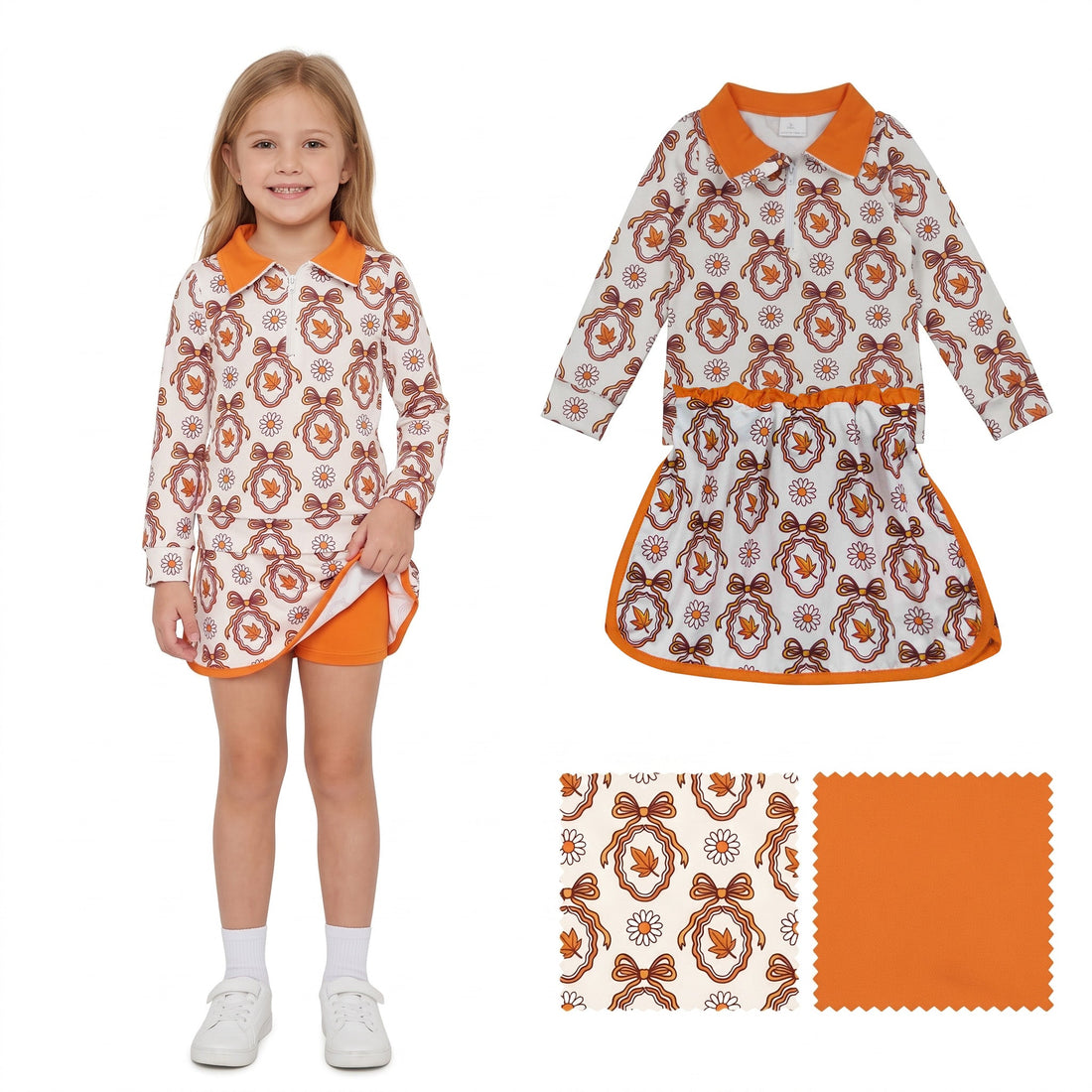 Long sleeves floral leaves bow pullover skirt girls outfits