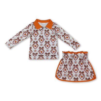 Long sleeves floral leaves bow pullover skirt girls outfits