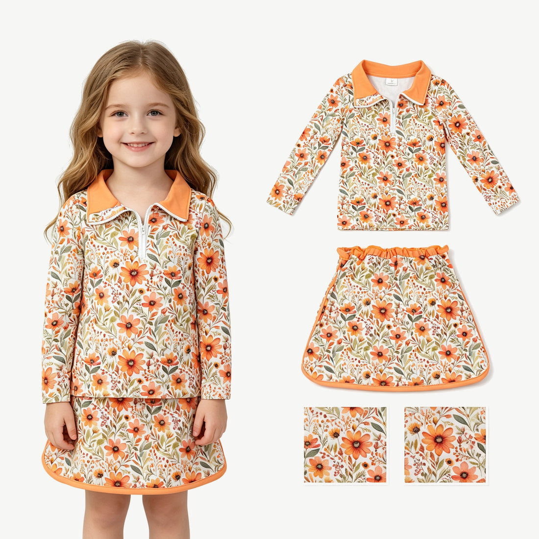 Girl wearing a mustard floral long sleeve pullover skirt set by Mini Rodeo, featuring a stylish top and matching skirt.