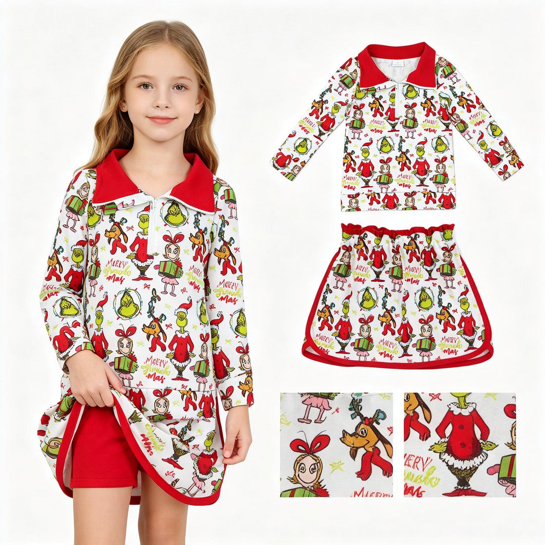 Green girl long sleeves top and skirt set by Mini Rodeo, Christmas-themed face gift pullover outfit for girls.