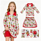 Green girl long sleeves top and skirt set by Mini Rodeo, Christmas-themed face gift pullover outfit for girls.