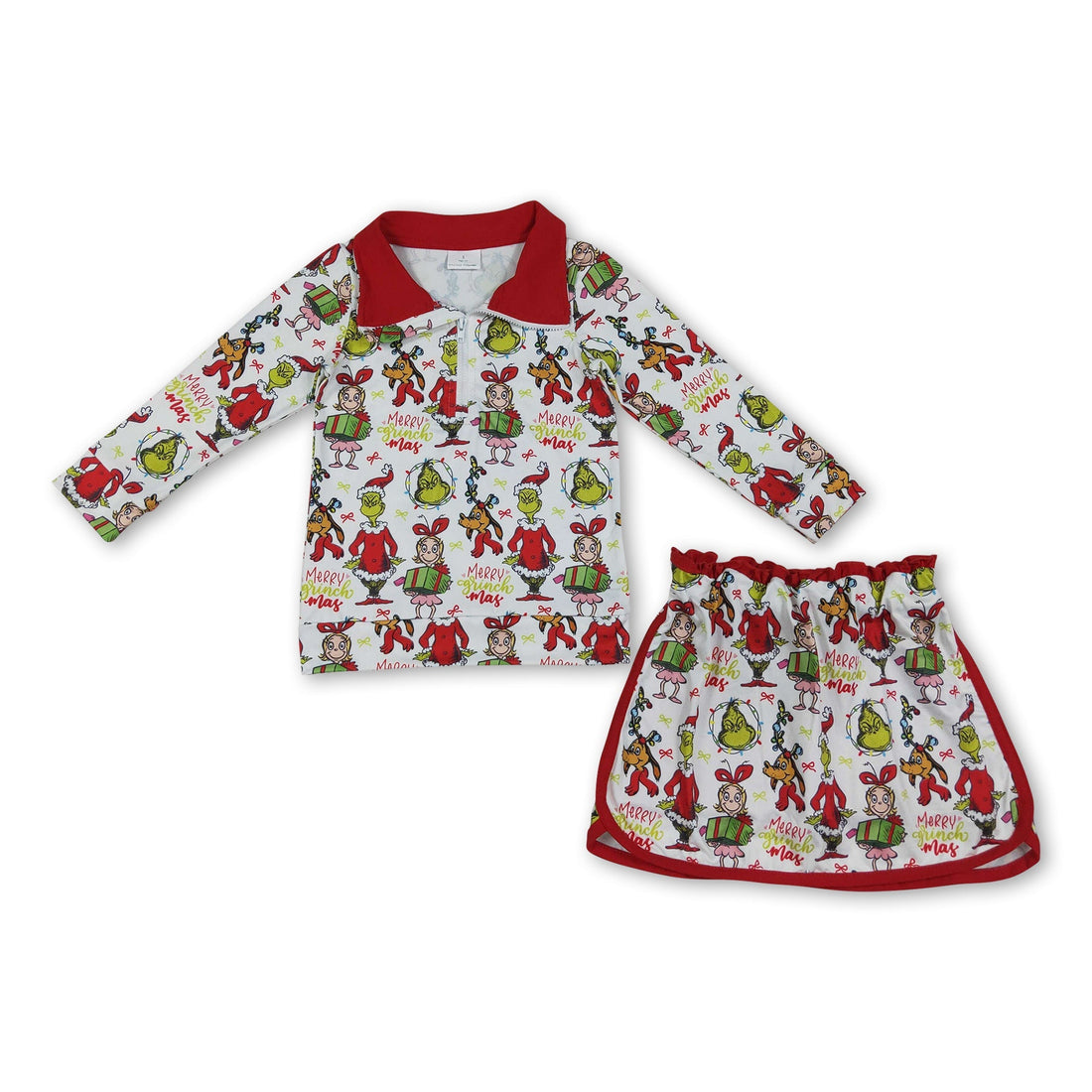Green face gift girl long sleeves top and skirt set by Mini Rodeo, perfect for Christmas outfits and festive occasions.