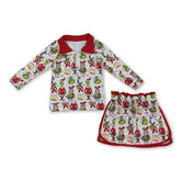 Green face gift girl long sleeves top and skirt set by Mini Rodeo, perfect for Christmas outfits and festive occasions.