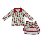 Green face gift pullover and skirt set for girls, long-sleeve top with festive Christmas design by Mini Rodeo.