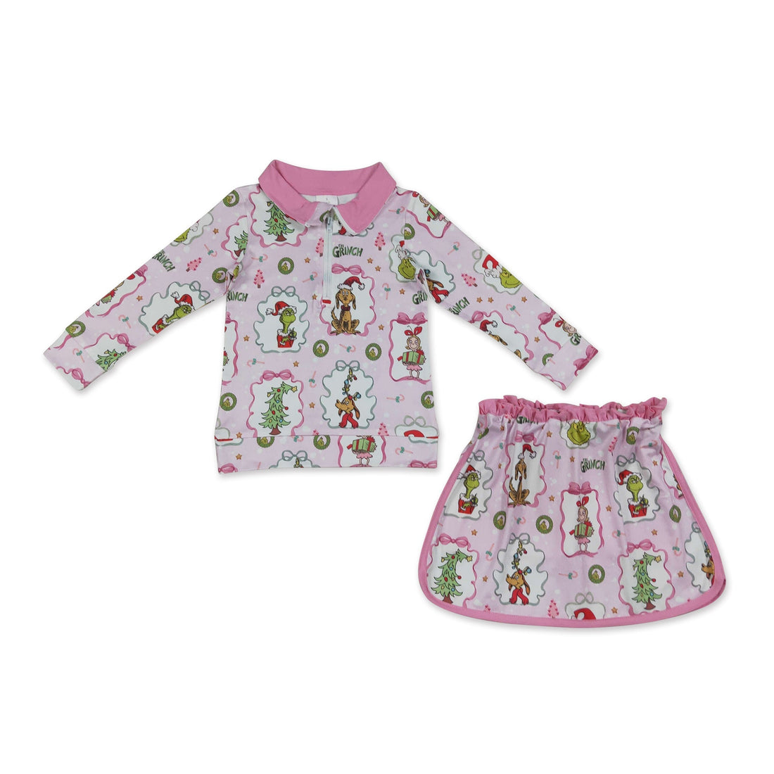 Pink bow and green face pullover girl long sleeves top and skirt set by Mini Rodeo, perfect for Christmas outfits.