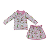 Pink bow and green face pullover girl long sleeves top and skirt set by Mini Rodeo, perfect for Christmas outfits.