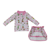 Pink bow green face pullover and girl long sleeves skirt set by Mini Rodeo, perfect for Christmas outfits.