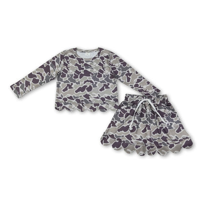Long sleeves camo scallop top skirt kids girls outfits