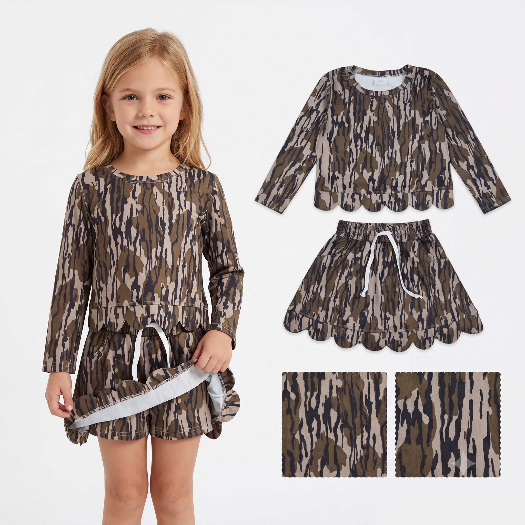 Long sleeves olive camo scallop top skirt kids girls outfits