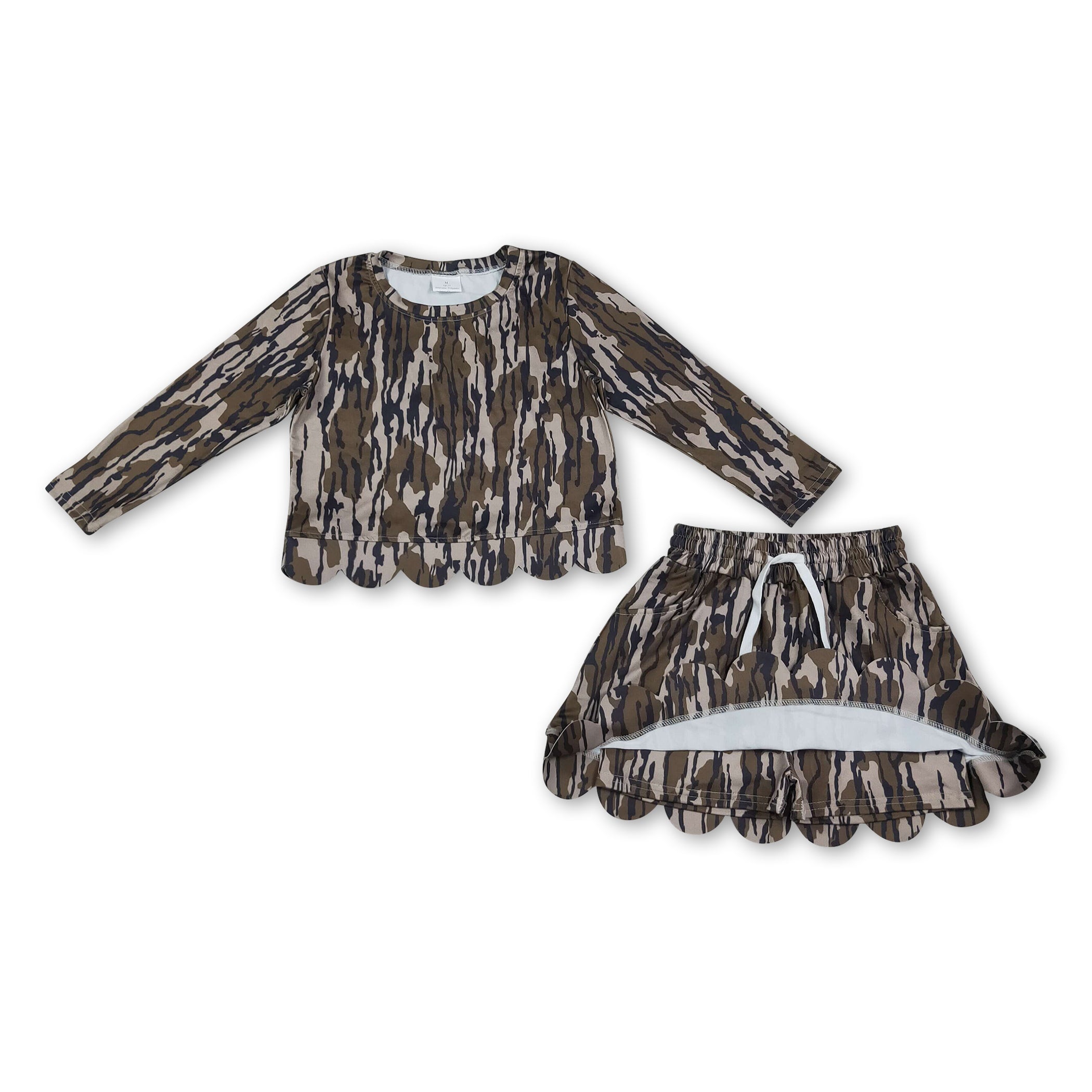 Long sleeves olive camo scallop top skirt kids girls outfits